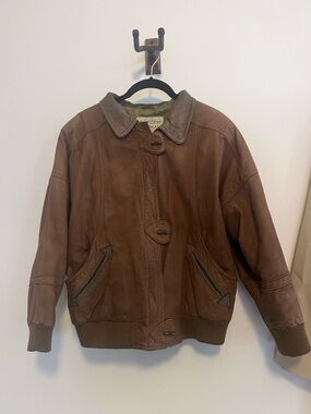 Brandon Thomas Brown Leather Bomber Jacket with Ribbed Hem